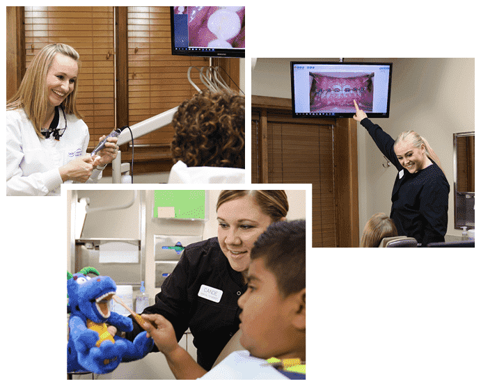 A collage of your dentist in Wichita, KS showing patients exams, telling them what to expect and performing dental treatments